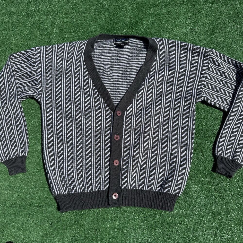 Vintage Van Cort Cardigan Sweater Mens XL Black Gray Pattern Button Front